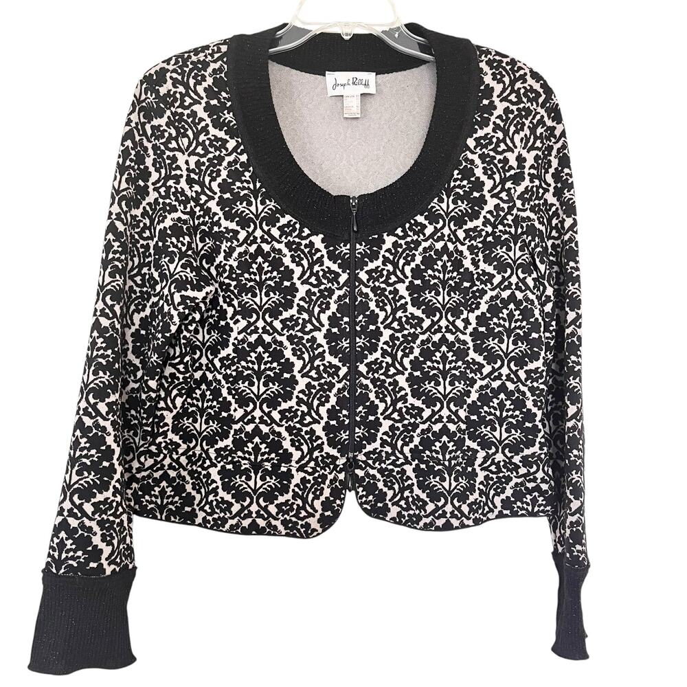 Joseph Ribkoff Black White Damask Print Cropped Cardigan Sweater Jacket Size 20